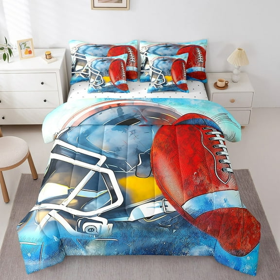 Soccer Queen Size Comforter Set American Football Bedding Comforter Sets, Watercolor Soccer Player Bed in a Bag 7pcs Sports Theme Bedding Set, Blue Red Grey Bed Set All-Season Lightweight