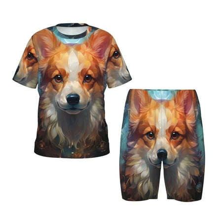 Luyuia Cartoon Pattern Corgi Print Girls  2-Piece Tie-Dye Pajama Set  Cute Summer Loungewear with Shirt and Tank Shorts Nightwear-XX-Large