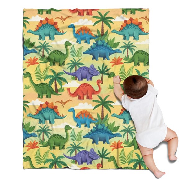 Colorful Dinosaurs Palm Trees Pattern Blanket,Comfortable Soft Lamb Wool Throw Blanket,All Season,Warm Lightweight Blankets for Sofa Bed Couch Living Room Chair,30"x40"