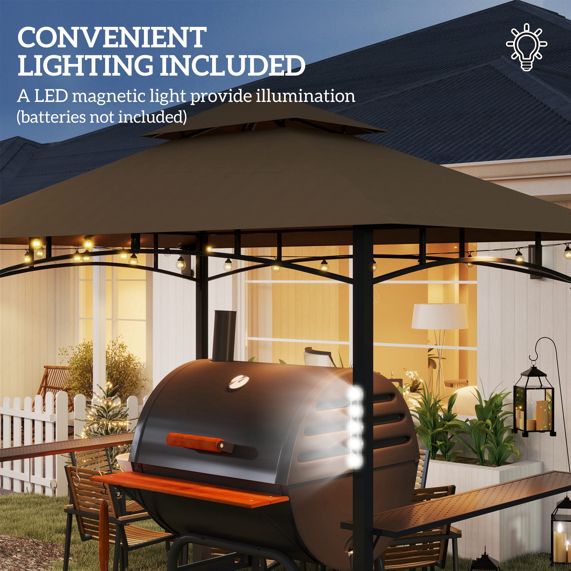 Outsunny 8' x 5' Grill Gazebo, Double Tiered Outdoor BBQ Gazebo with LED Light, 2 Side Shelves, Hooks and Bottle Opener for Patio Yard, Dark Brown