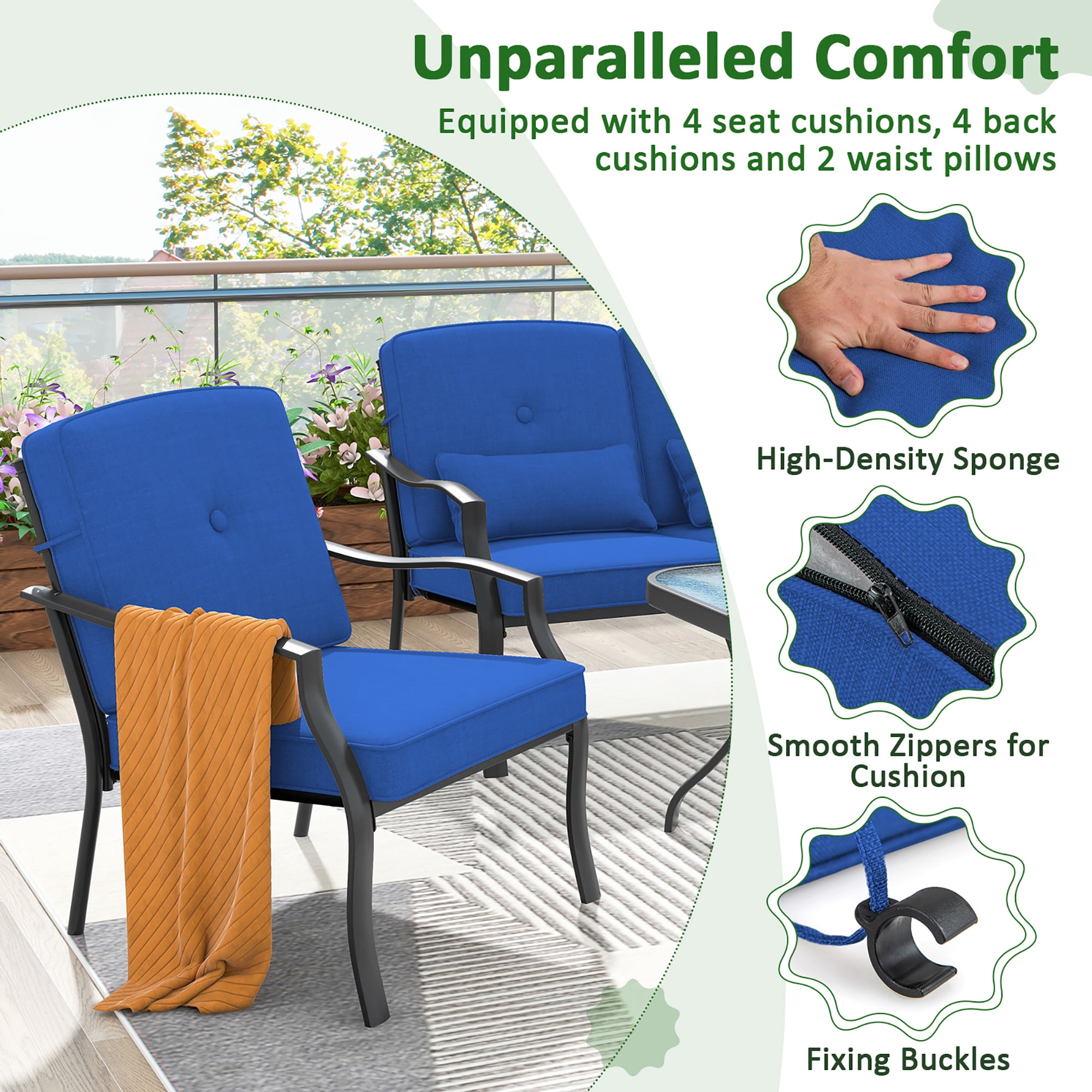 Gymax 2 PCS Patio Metal Chairs Outdoor Dining Seat Heavy Duty w/ Cushions Garden Blue