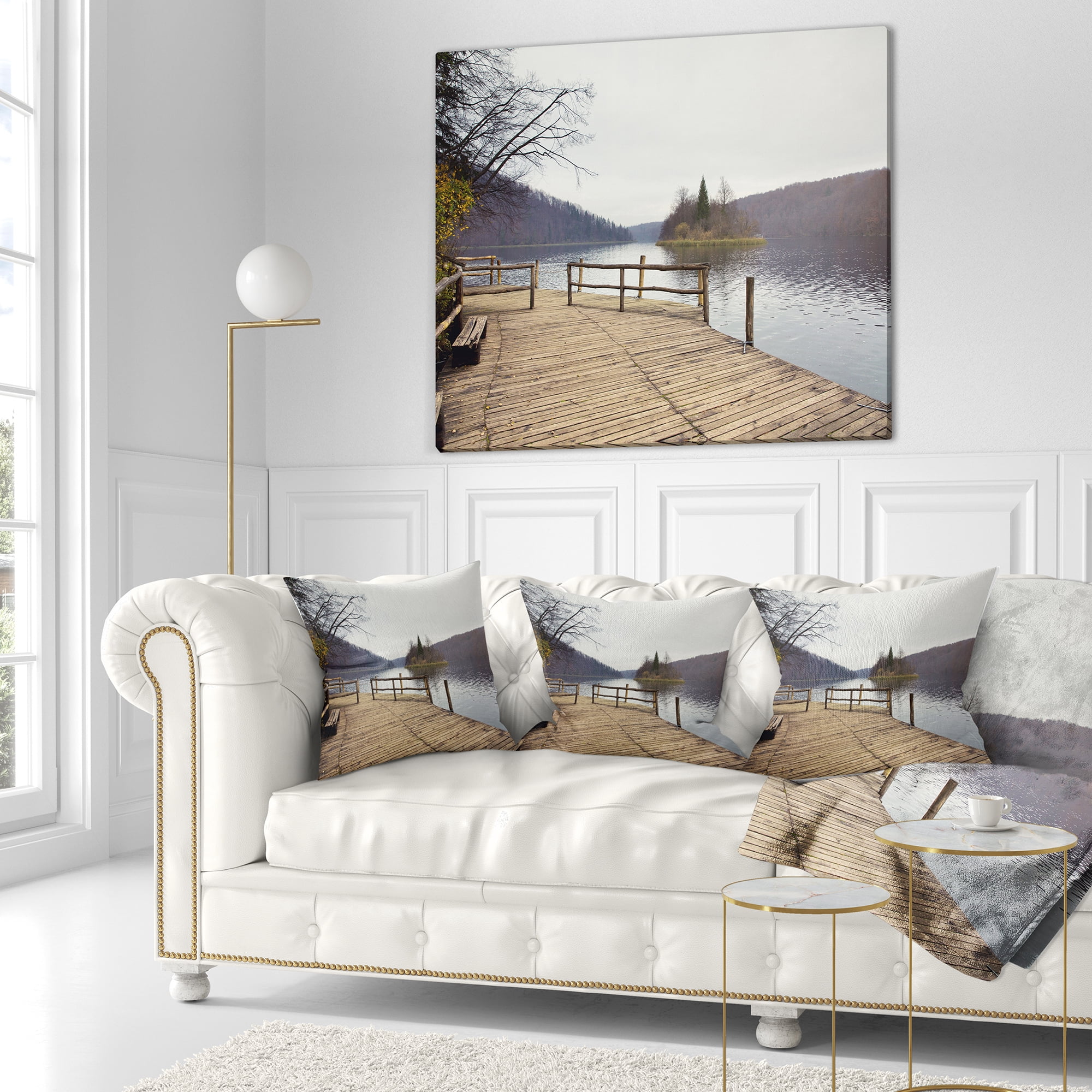 Designart Plitvice Lakes Wooden Bridge - Landscape Photo Throw Pillow - 16x16