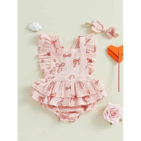 

Mama s sunshine Baby Girl Valentine s Day Romper Bow/Heart Print Flutter Sleeves Bodysuit with Bow Headband