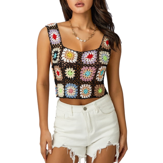 Txlixc Blusa de verano sin mangas para mujeres chaleco de punto hueco bordado a mano de ganchillo de colores Txlixc moda