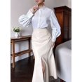 thumbnail image 4 of Women High Waist Front Center Slit Hem Faux PU Leather Fitted Mermaid Midi Skirt Khaki S, 4 of 9