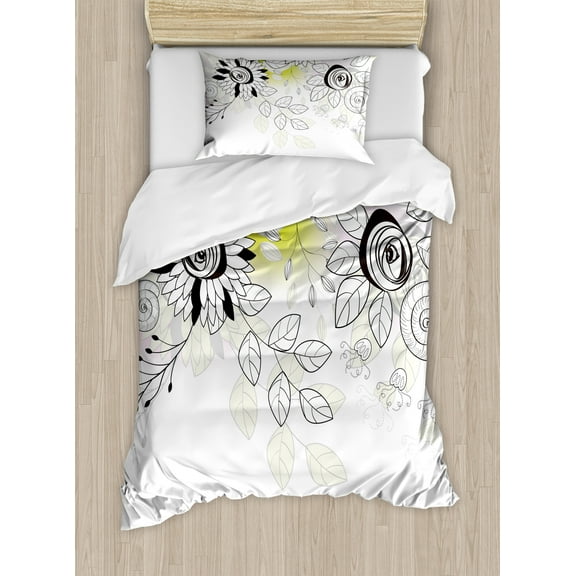 Flower Duvet Cover Set, Drawing of Wild Field Flora Snails Twigs Leaves Gardening Plants, Decorative 2 Piece Bedding Set with 1 Pillow Shams, Twin Size, Black Eggshell Green, by Ambesonne