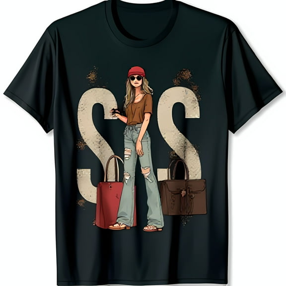 Trendy WoMen's Fashion Graphic Tee Stylish Woman in Red Hat & Sunglasses Casual Outfit with Purses Cool Black T-Shirt