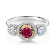 thumbnail image 2 of Gem Stone King 925 Silver and 10K Yellow Gold Lab Grown Diamond 3 Stone Women Engagement Ring Created Ruby Moissanite (0.81 Cttw, Size 5), 2 of 3