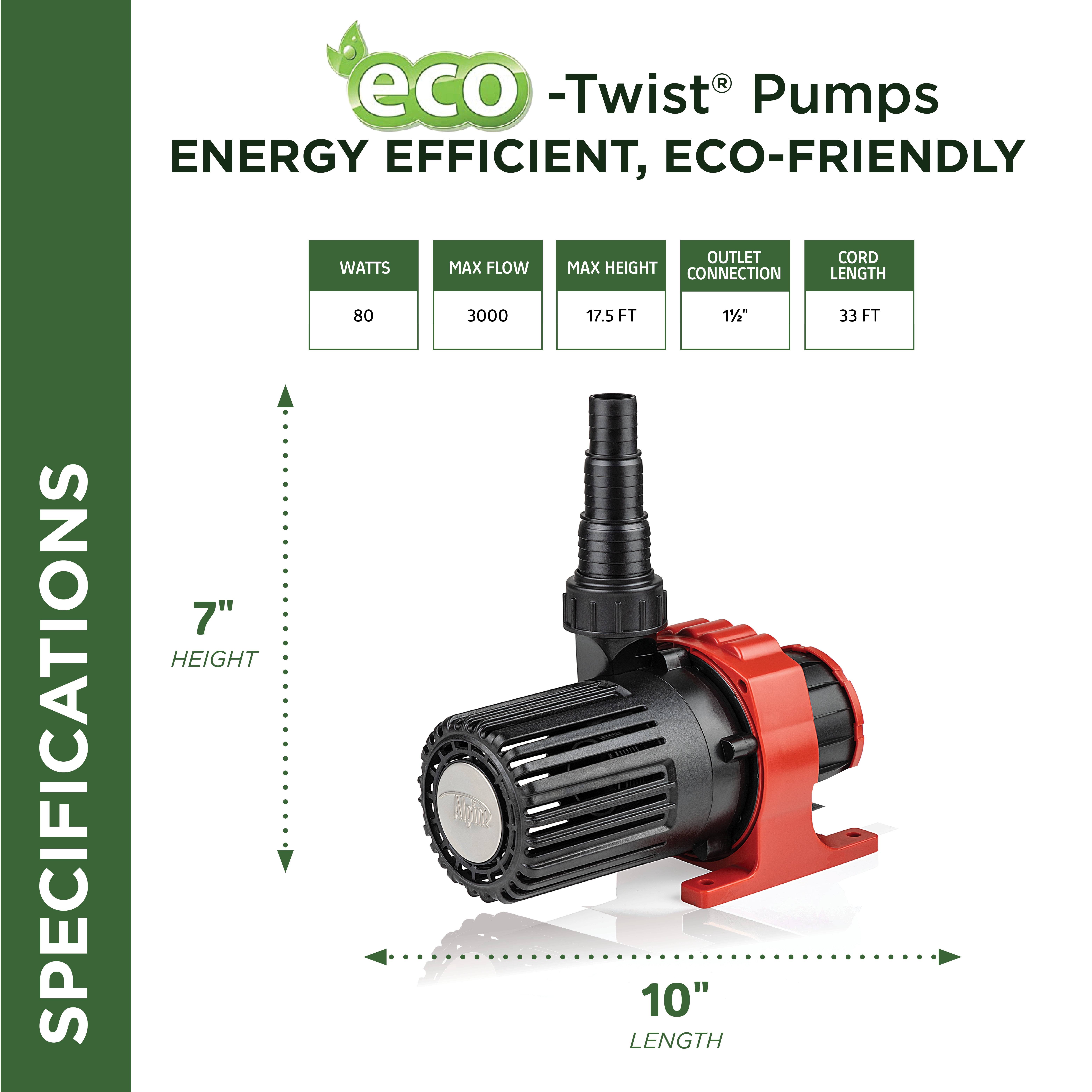 Alpine Corporation Eco-Twist Energy-Saving Pump with Controller 3000GPH with 33' Cord