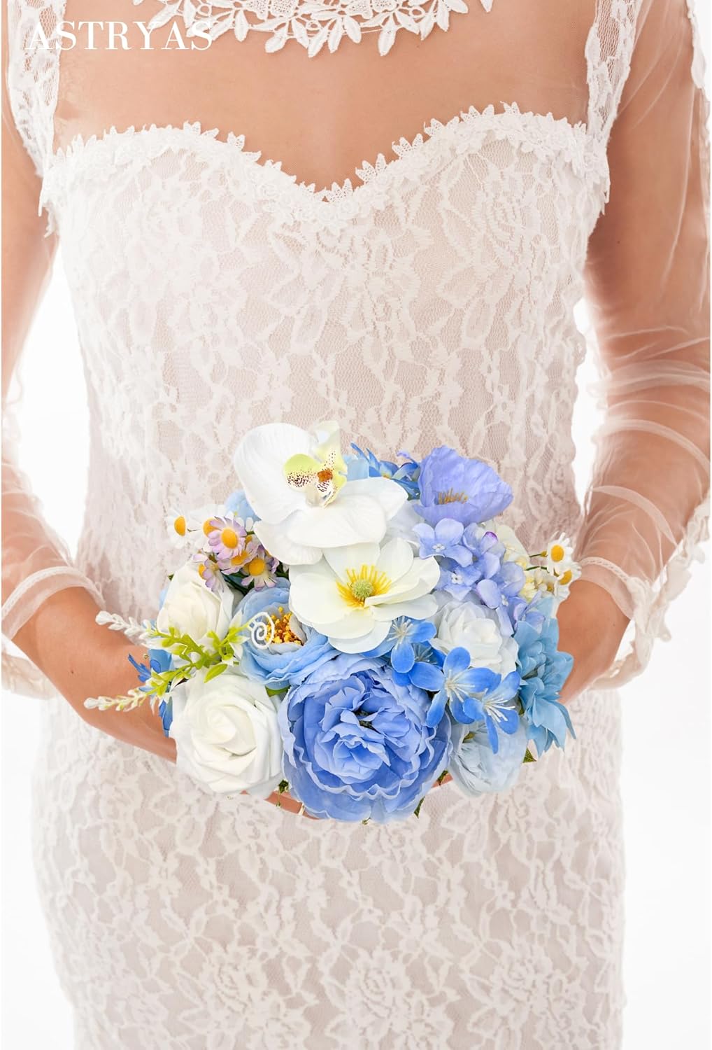 Blue Artificial Flowers Combo Box Set, Baby Blue Silk Peonies Dahlia Roses with Stems for DIY Bridal Wedding Bouquets Baby Shower Floral Arrangements Centerpiece Table Party Home Decorations