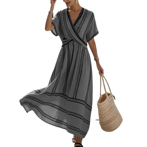 Efsteb Casual Summer Dresses for Women Striped Wrap Maxi Dress Plus Size V-Neck Short Sleeve Casual Flowy Dress with Side Slit (Gray,XXL)