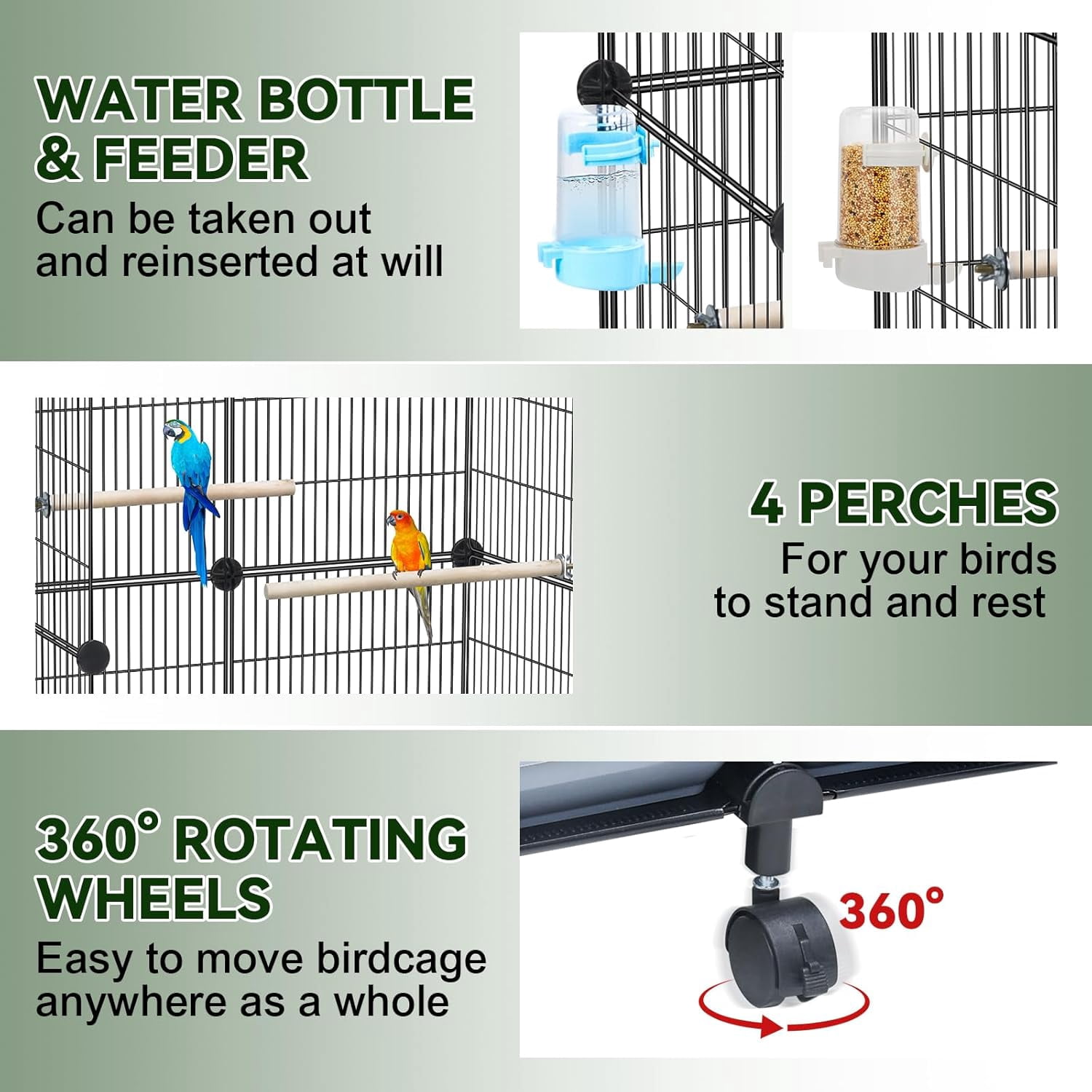 Upgraded Encrypted 46-Inch Bird Cage, with Wooden Perches, Metal Parakeet Cage with Slide-Out Tray, Water Bottle&Feeder, Bird Cages for Parrot,Parakeets,Cockatiel,Lovebird,Small Mid-Sized Birds