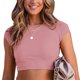 thumbnail image 1 of Blusa con cuello cruzado elástico rosa y espalda descubierta con cordones, 1 of 7