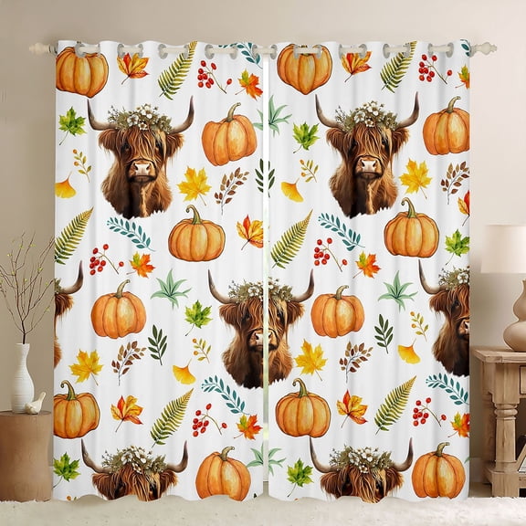 Homewish Watercolor Highland Cow Kitchen Curtains, Pumpkin Maple Leaf Black Out Curtains Pack of 2 (42x63 Each), White Orange Green Brown