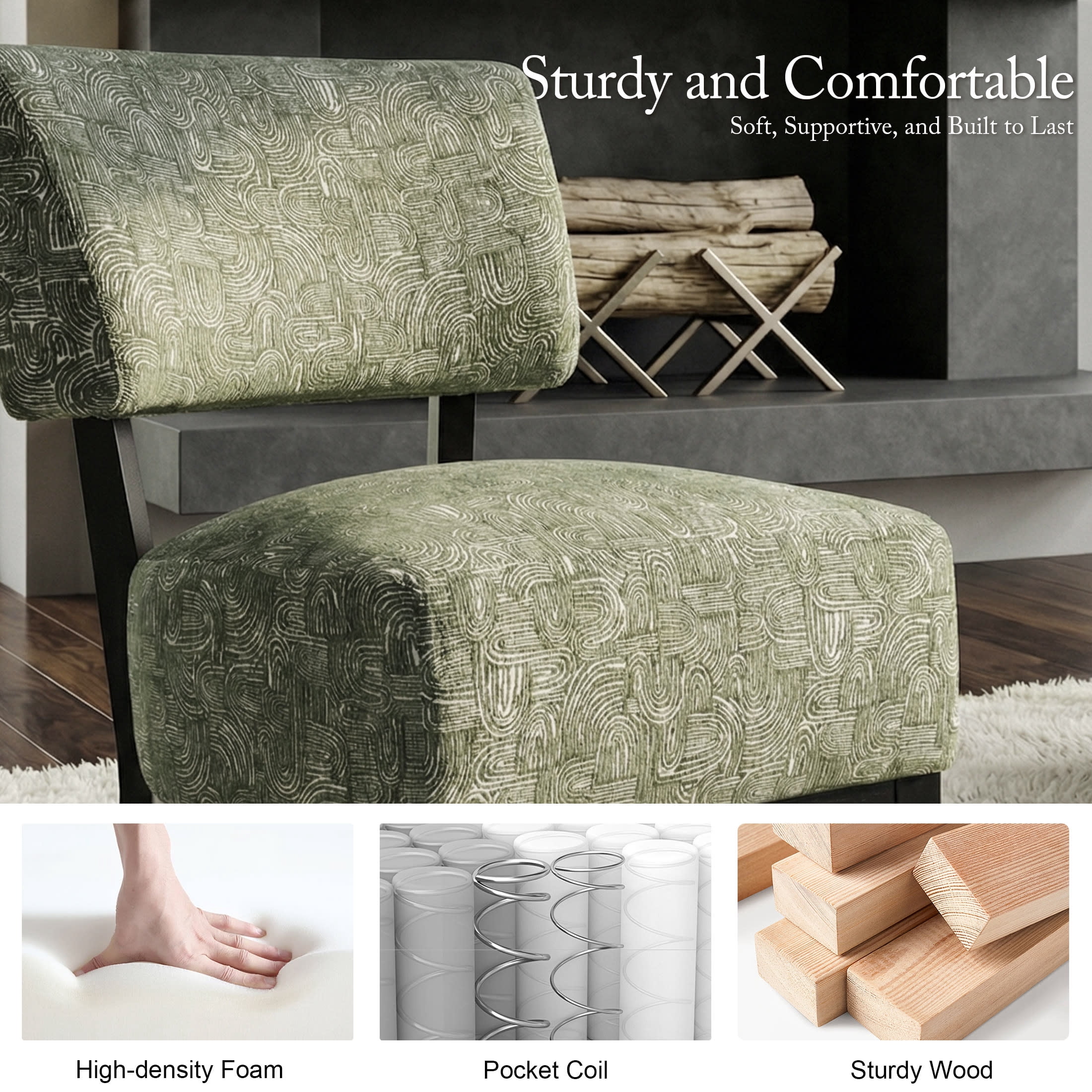 Aenkyo Contemporary Chenille Fabric Armless Accent Chair, Green