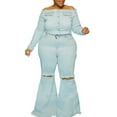 thumbnail image 2 of Gvmfive Women Solid Plus Size Ripped Horn Trouser High Waist Flare Jeans XL-5XL, 2 of 4
