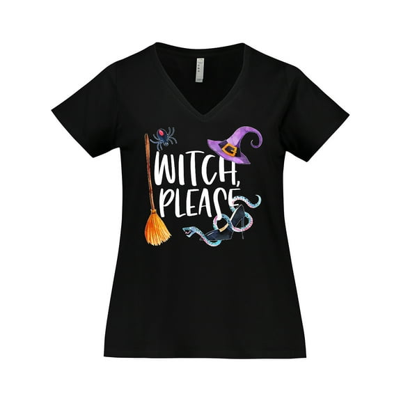 Inktastic Halloween Witch, Please Broom, Purple Hat, Spider and Snake Women's Plus Size V-Neck T-Shirt