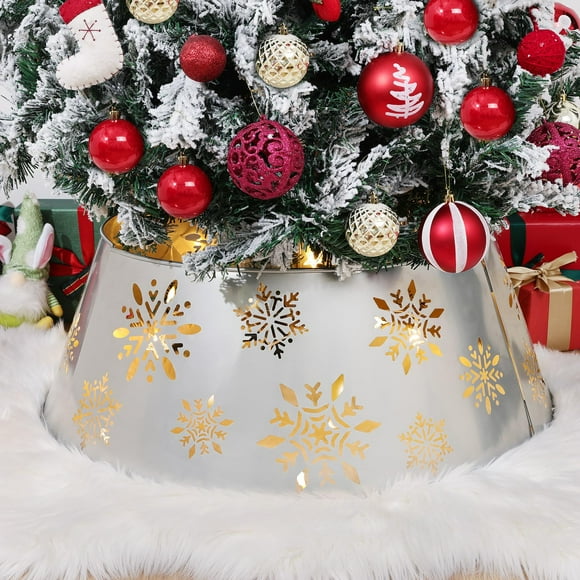 Lewondr Metal Christmas Tree Collar 3D Hollow Snowflake Pattern Christmas Tree Skirt with Star-Shaped LED String Lights 29 Inch Diameter Decorative Xmas Tree Ring Stand Base Cover Silver
