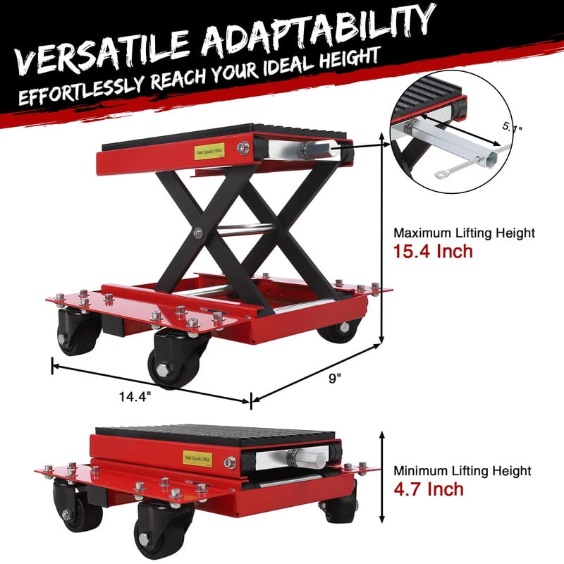 Towallmark 1200 LBS Motorcycle Lift Jack, Heavy Duty Scissor Jack Stand With Wheels, Wide Deck Thickened Rubber Pad, For ATV Dirt Bike Street Bike Cruiser