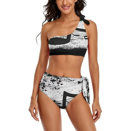 Music Note One Shoulder Bowknot Swimsuit Two Piece Swimsuit Knot Crop Top Bikini High Waisted Bathing Suit