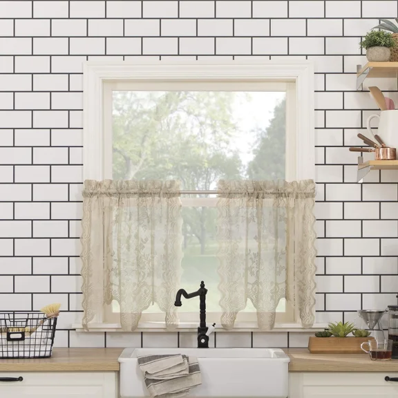 No. 918 Alison Floral Lace Sheer Rod Pocket Kitchen Curtain Tier Pair, 58 In X