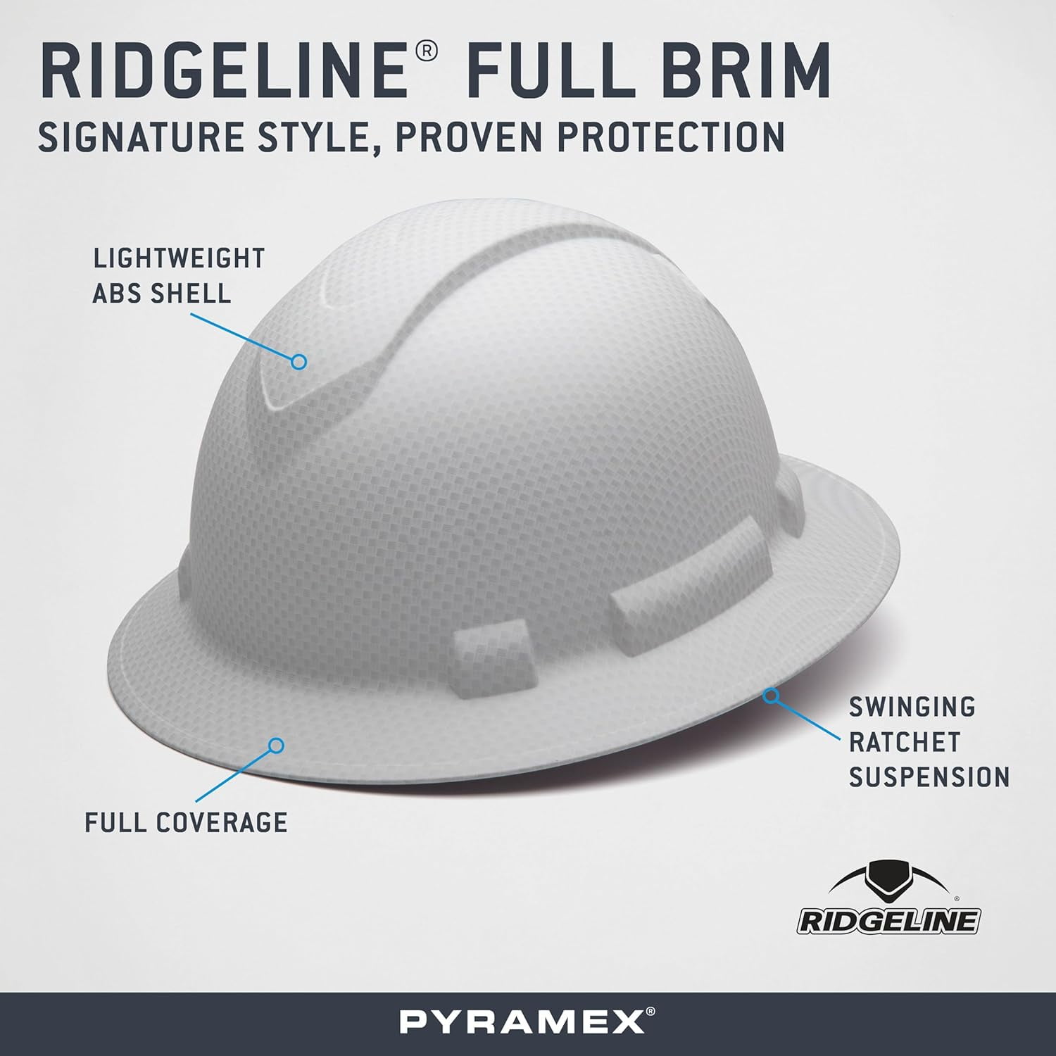 Ridgeline White Graphite Pattern Full Brim Hard Hat, Four Point Adjustable Ratchet Suspension