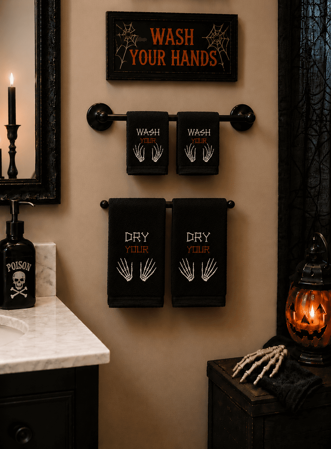 Serafina Home Halloween Hand & Fingertip Bathroom Bundle 4 Pc Set - Black Cotton Embroidered Skeleton Wash/Dry Your Hands - 16 x 25, 12 x 18 Fall Bath Home Decor