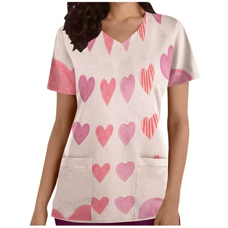 

YWDJ Valentine s Day Scrub Tops for Women Graphic Tees Hearts Print with V Neck Short Sleeve Hot Pink XXL