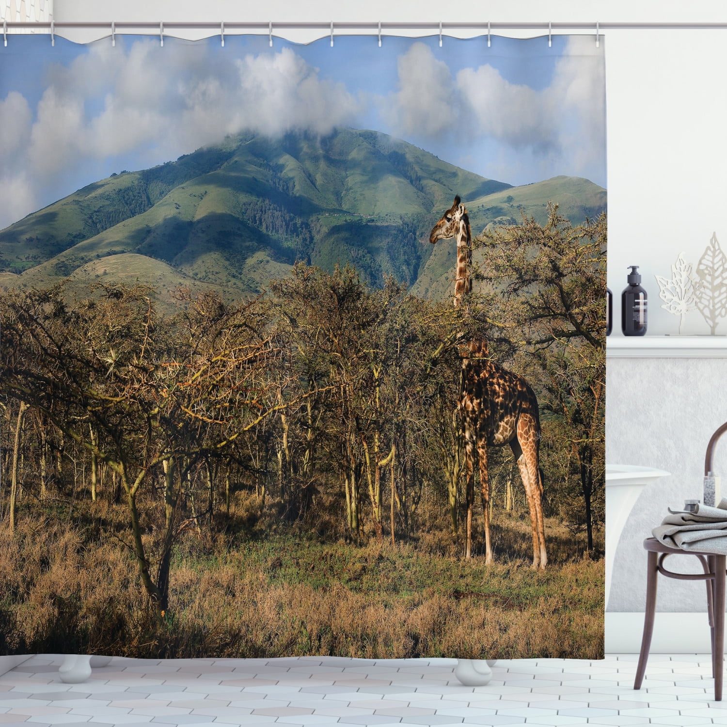 Zoo Shower Curtain, Giraffe among Trees Prickly Acacias Grazing