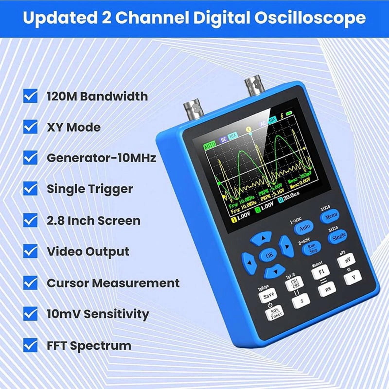 2X DSO2512G Digital Oscilloscope with 2 Channels 120Mhz Bandwidth Signal Generator 500MSa/S Sampling Rate, 2.8 Inch