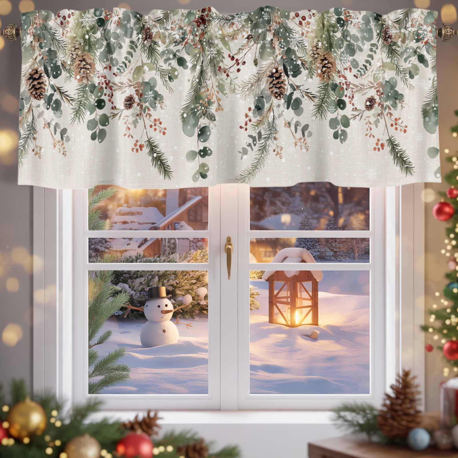 Christmas Winter Valance Curtain for Windows Pine Tree Berry Eucalyptus Retro Linen Curtain Valances Short Window Treatments Panels for Kitchen Bathroom Laundry Room Basement 60 x 18 Inch