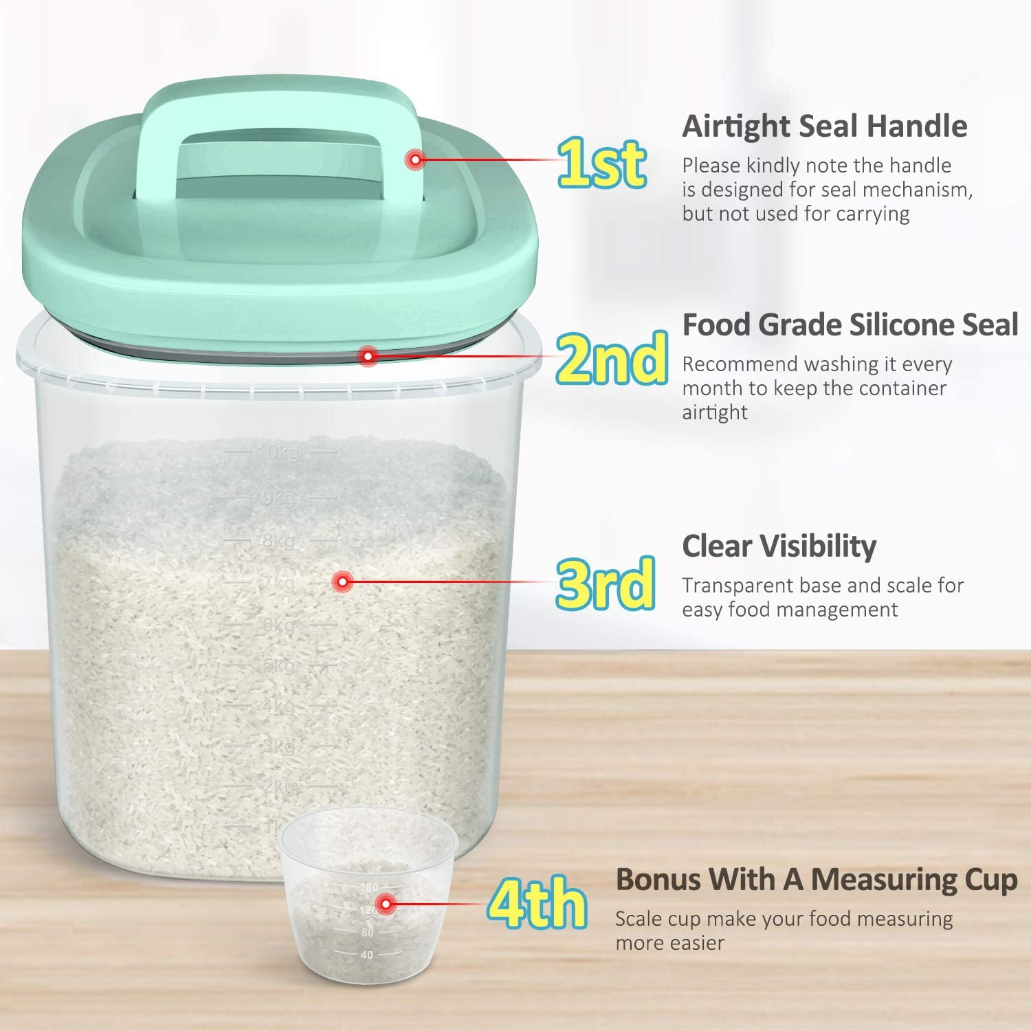 Qiveno Large Flour Storage Container Bin 25lb, Airtight Rice Storage  Containers with Wheels Seal Locking Lid, BPA Free with Measuring Cup&Scoop  for