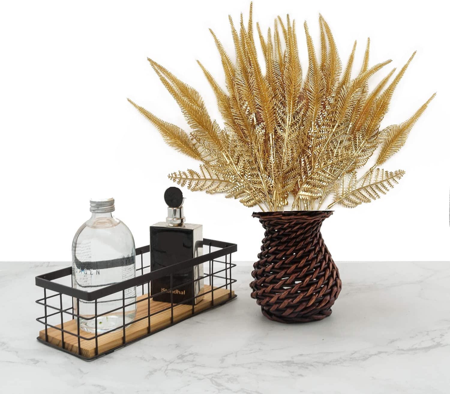 Morttic Artificial Golden Baby Breath Flowers, Plastic Fake Gypsophila Flower for Indoor Outdoor Christmas Wedding Home Party Table Arrangement Decoration DIY Planter Filler Gold Leaves Decor - 3 Pack