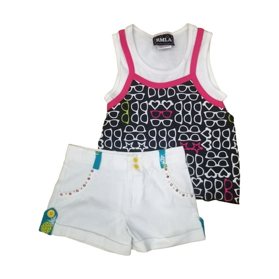 Girls White Black & Pink Sunglasses Rhinestones Outfit Tank Top & Shorts Set 6