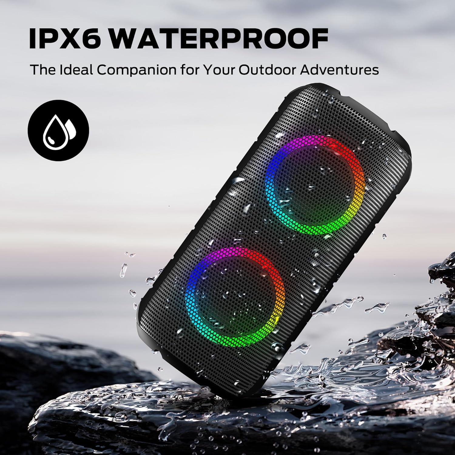 Oraolo Luster Bluetooth Speaker , Portable Speaker with Colorful Lights, Stereo Sound, Bluetooth 5.3, 24H Playtime, IPX6 Waterproof, AUX-in, Speaker for Outdoor Camping