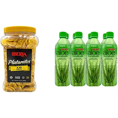 Iberia Garlic Plantain Chips, 20 Oz. Iberia Aloe Vera Juice Drink with Pure Aloe Pulp, Original, 16.9 Fl. Oz. (Pack of 8)