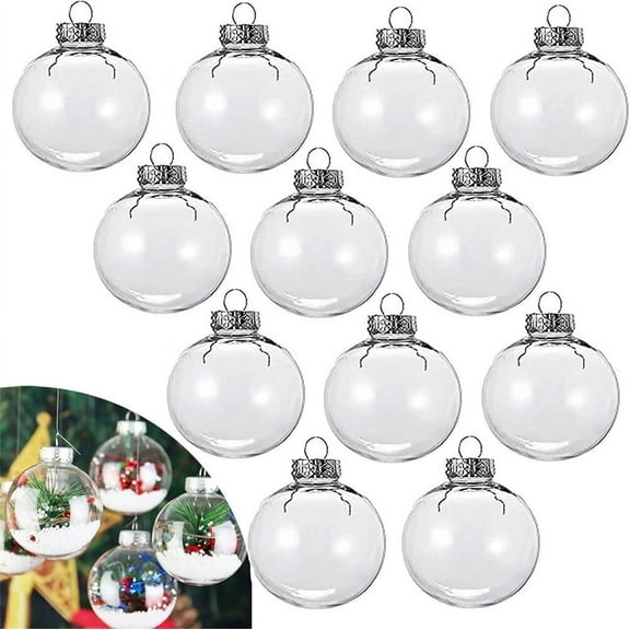 Triani 12Pcs Christmas Plastic Ornaments Balls 2.36" Christmas Fillable Balls Ornament Removable Top Clear Hanging Ornaments Round Ball for Halloween Christmas Birthday Wedding Party