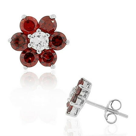 Sterling Floral Earrings - 925 Sterling Silver Red CZ Womens Flower Floral Design Stud Earrings