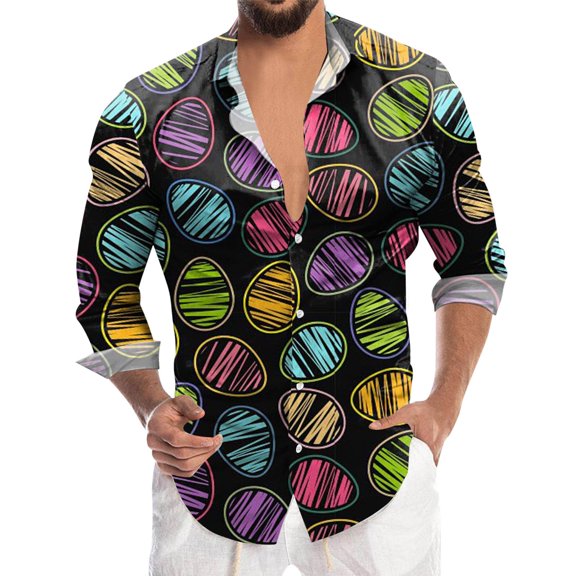 Easter Digital 3D Printed Long Sleeve Lapel Button Down Shirt for Men Casual Black L