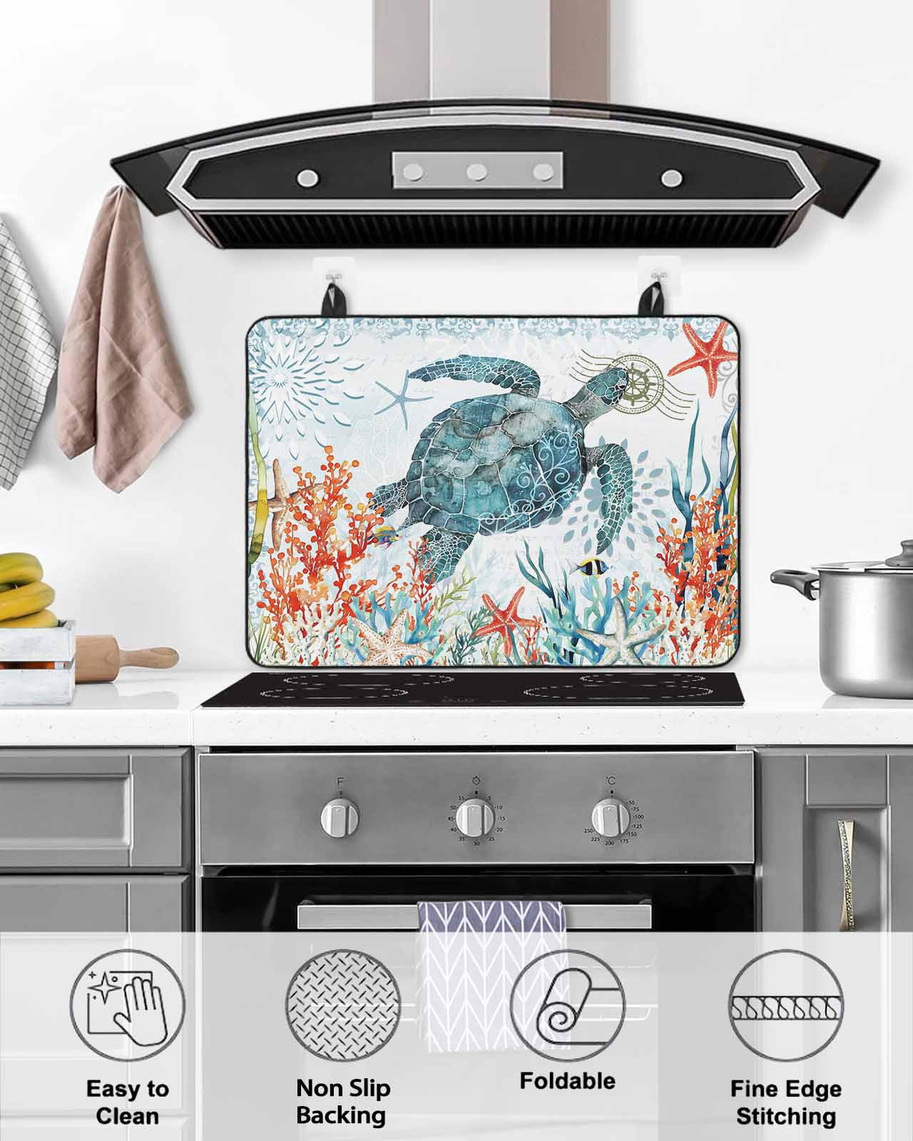 nqOlkjepod Large Induction Cooktop Protector Mat 36"x21", Coastal Turtle Stove Top Covers for Electric Stove, Summer Beach Nautical Coral Starfish Stove Burner Cover Mats, Glass Top Stove Cover