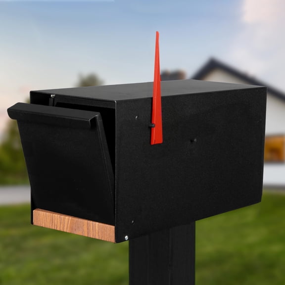 Ilyapa Black Modern Mailbox Post Mount - Mailboxes for Outside - Metal with Printed Ash Wood Grain Trim - Powder Coated Steel - All Weather Resistant
