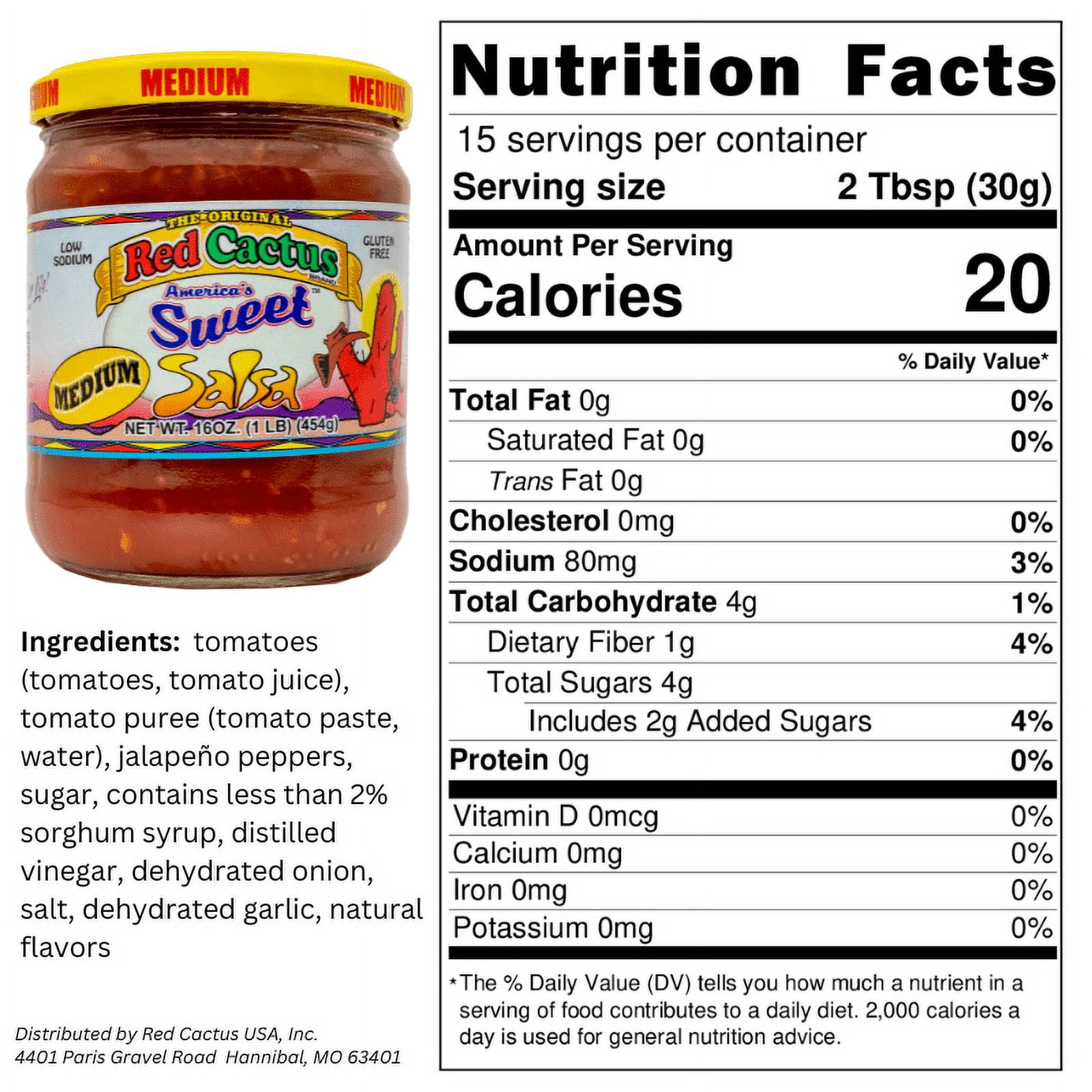 (2 pack) Red Cactus America’s Sweet Salsa, Medium, 16 oz - Medium Salsa for Chips, Tacos, and Nachos