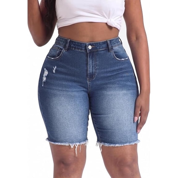 Gocolloa Women's Plus Size High Waisted Stretchy Jean Shorts 10" Inseam Raw Hem Denim Bermuda Shorts Royal Blue 22W