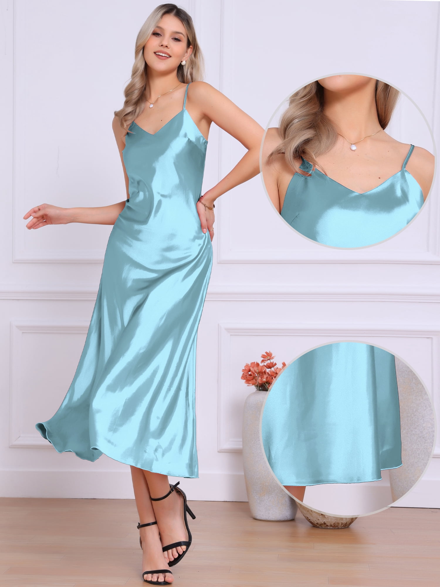DARING DIVA Satin V Neck Spaghetti Strap Silky Maxi Dress S Light Blue