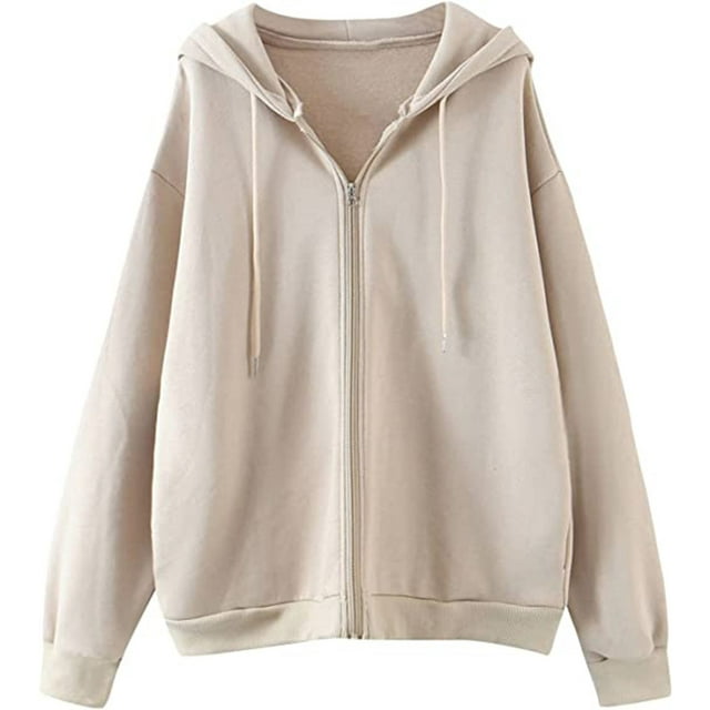 Women's Zip Up Long Sleeve Oversized Drawstring Hoodie Hooded Sweatshirt,Apricot,M