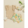 thumbnail image 5 of FEORJGP Infant Baby Girl Summer Outfits 0-18M Kids Toddler Fly Sleeve Rompers Letter Print Jumpsuits Fruits Print Bowknot Shorts Headband Little Girlscs Casual Clothes Set for Daily Vacation, 5 of 7