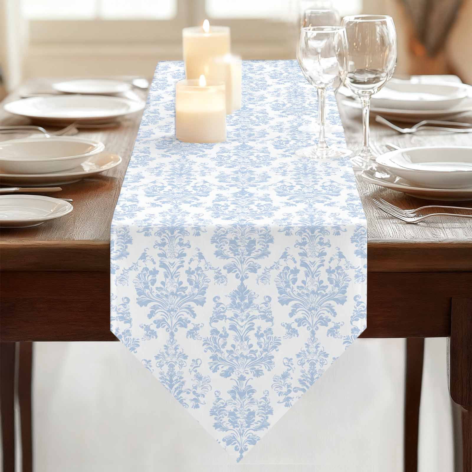 Blue Vintage Wallpaper Table Runner for Dining Room, Medieval Turkish Pattern Cotton Linen Dining Table Runner Tablecloth Dresser Scarves for Kitchen Cafe 13x120 Inches Long