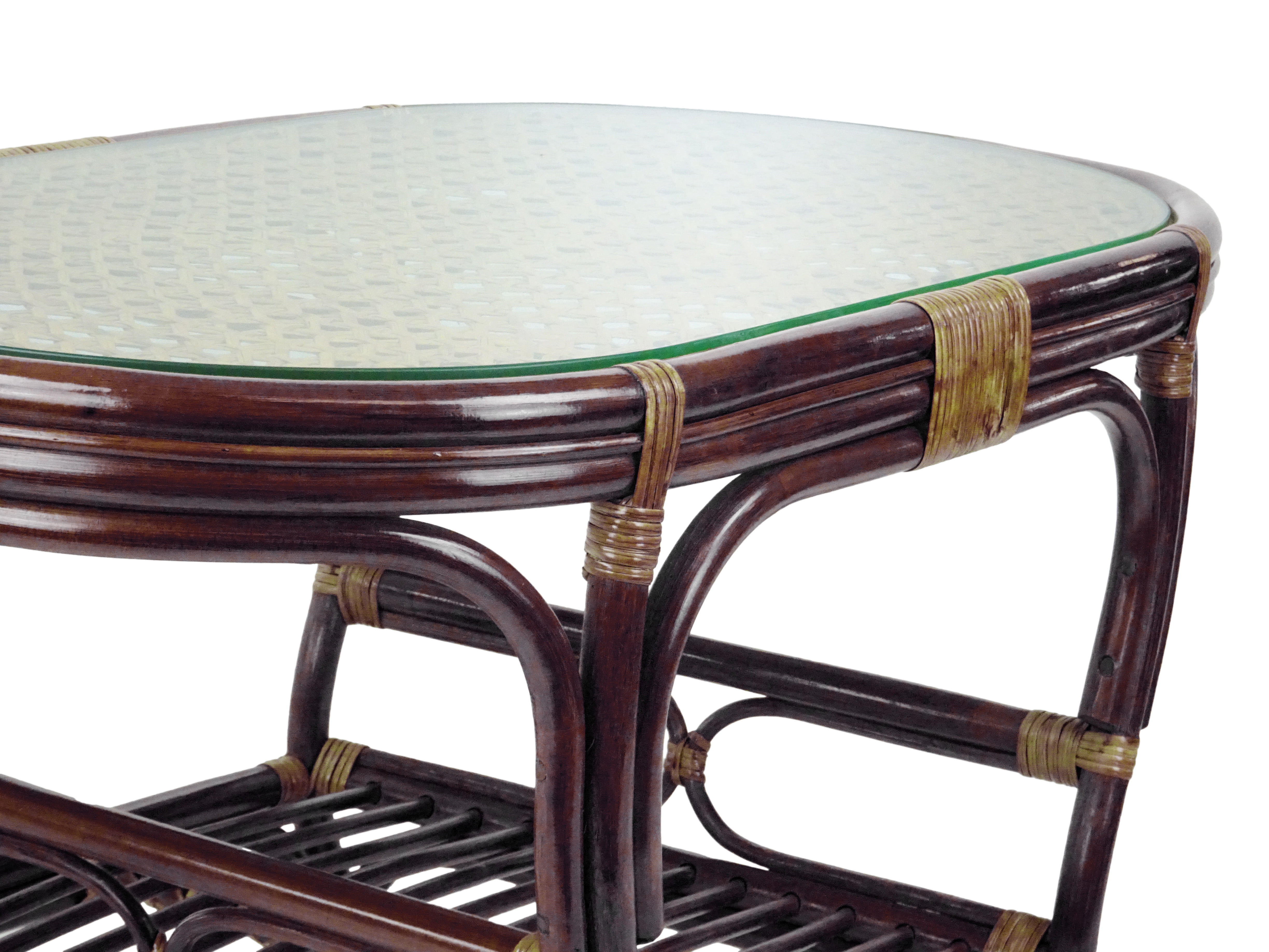 SK New Interiors Pelangi Oval Coffee Table Natural Rattan Wicker ECO Handmade Design w/ Glass Top, Dark Brown