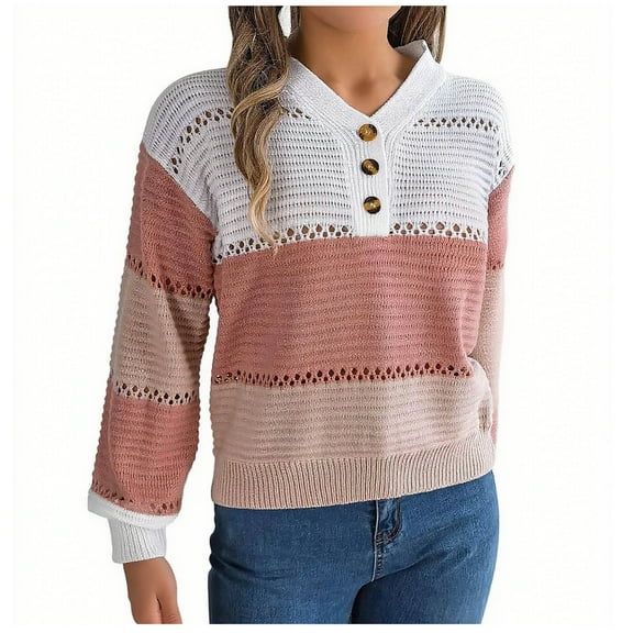 Tnhcen Women's V-Neck Lantern Sleeve Sweater Color Block Hollow Out Knit Top Acrylic Soft Pullover Casual Loose Fit Cardigan Chunky Knit Women's Fashion Bohemian Style Top S-L