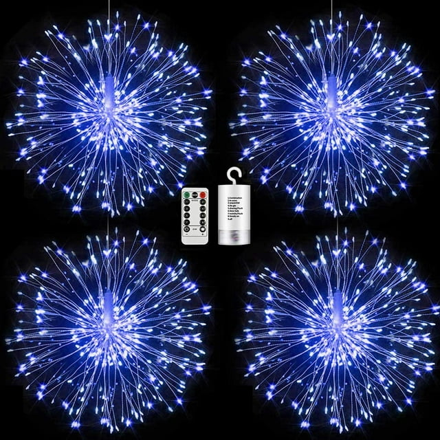 FOOING 4 Pack Firework Lights Led Copper Wire Starburst String Lights 8 Modes Battery Operated Fairy Lights with Remote, Wedding Christmas Decorative Hanging Lights for Party Patio (Blue)